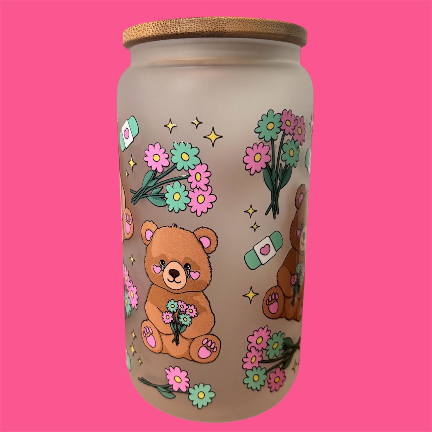 16 oz Frosted Glass Tumbler : Bears ; Flower ; Hearts