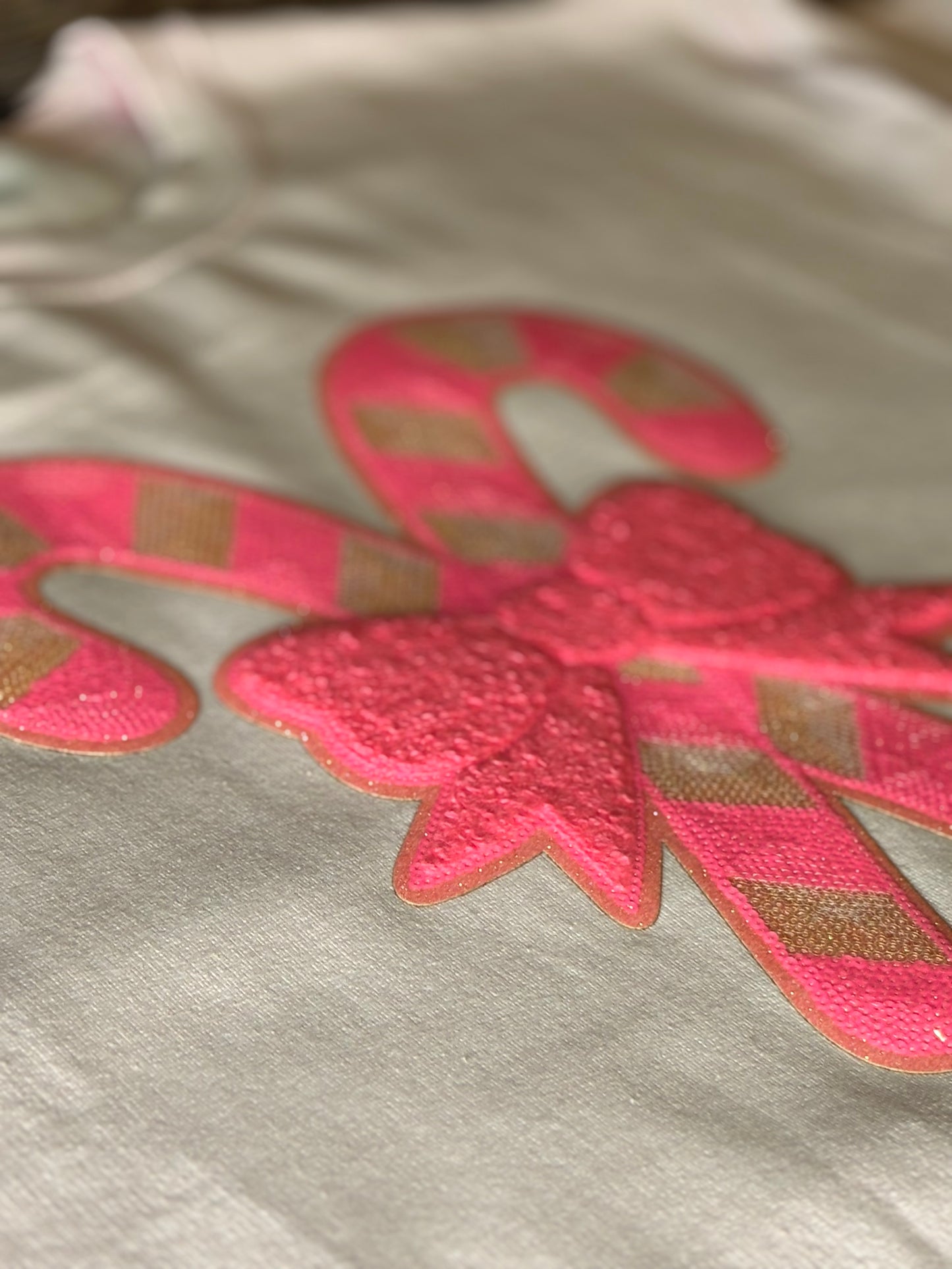 Hot Pink Candy Canes Bow Light Pink Crew Fleece