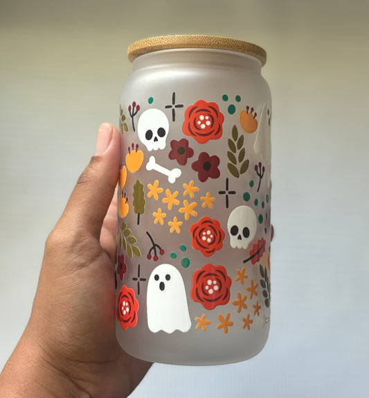 16 oz Frosted Glass Tumbler - Ghost and Flowers