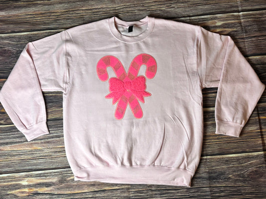 Hot Pink Candy Canes Bow Light Pink Crew Fleece